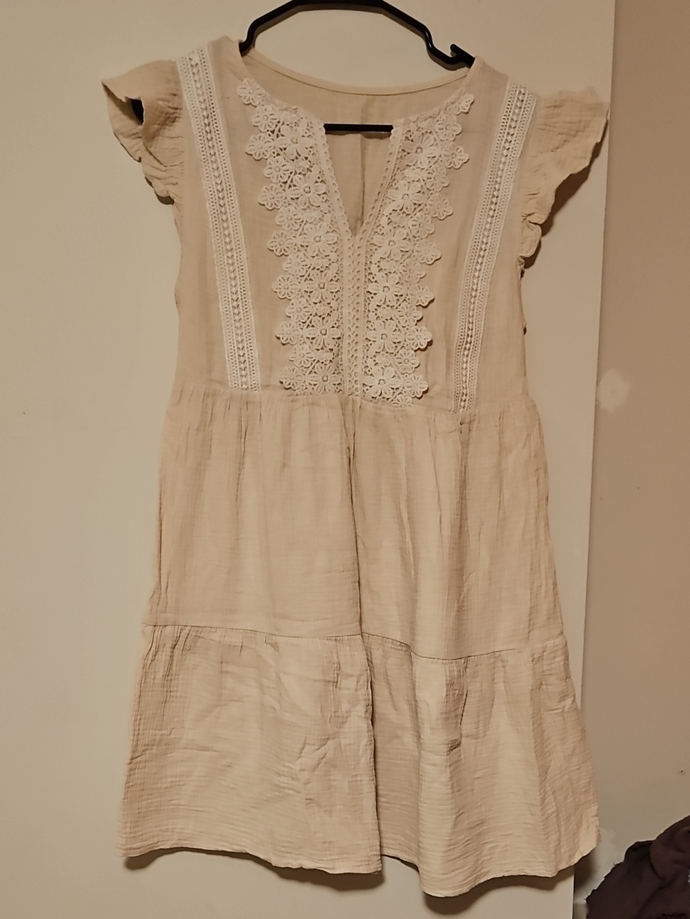 Cream Crochet-Trim Mini Dress with Flutter Sleeves